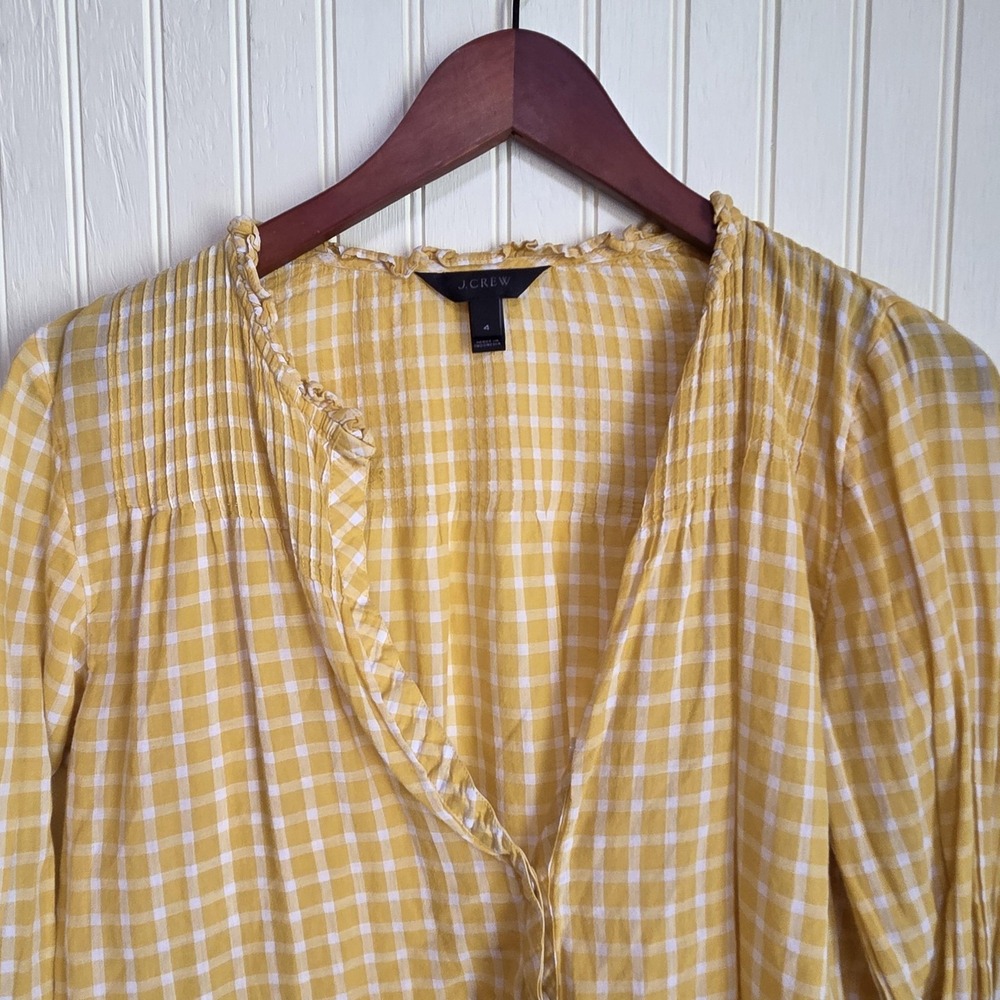 J. Crew Blouse Womens 4 Yellow Gingham Check Ruffle V Neck Long Sleeve Top